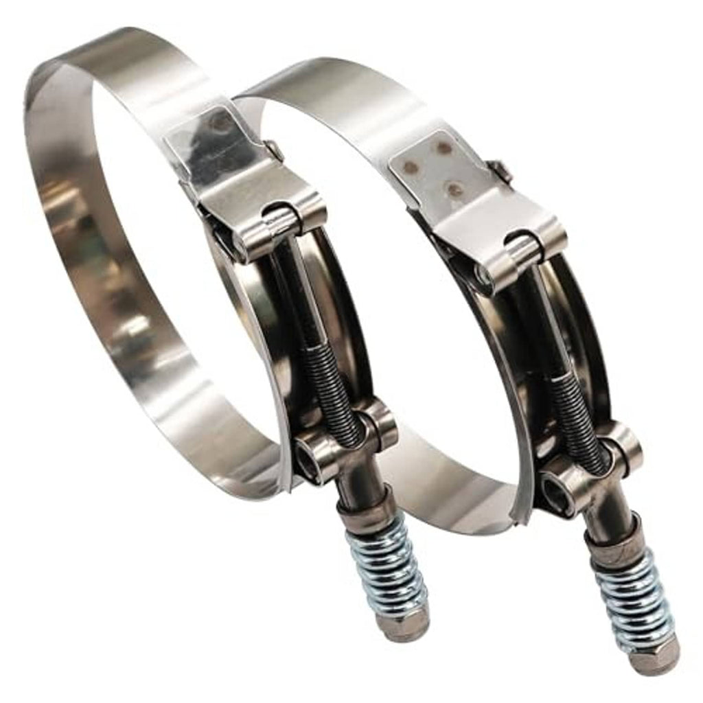 Stainless steel T-bolt hose clamps with spring-loaded bolts and black rubber seal, side view