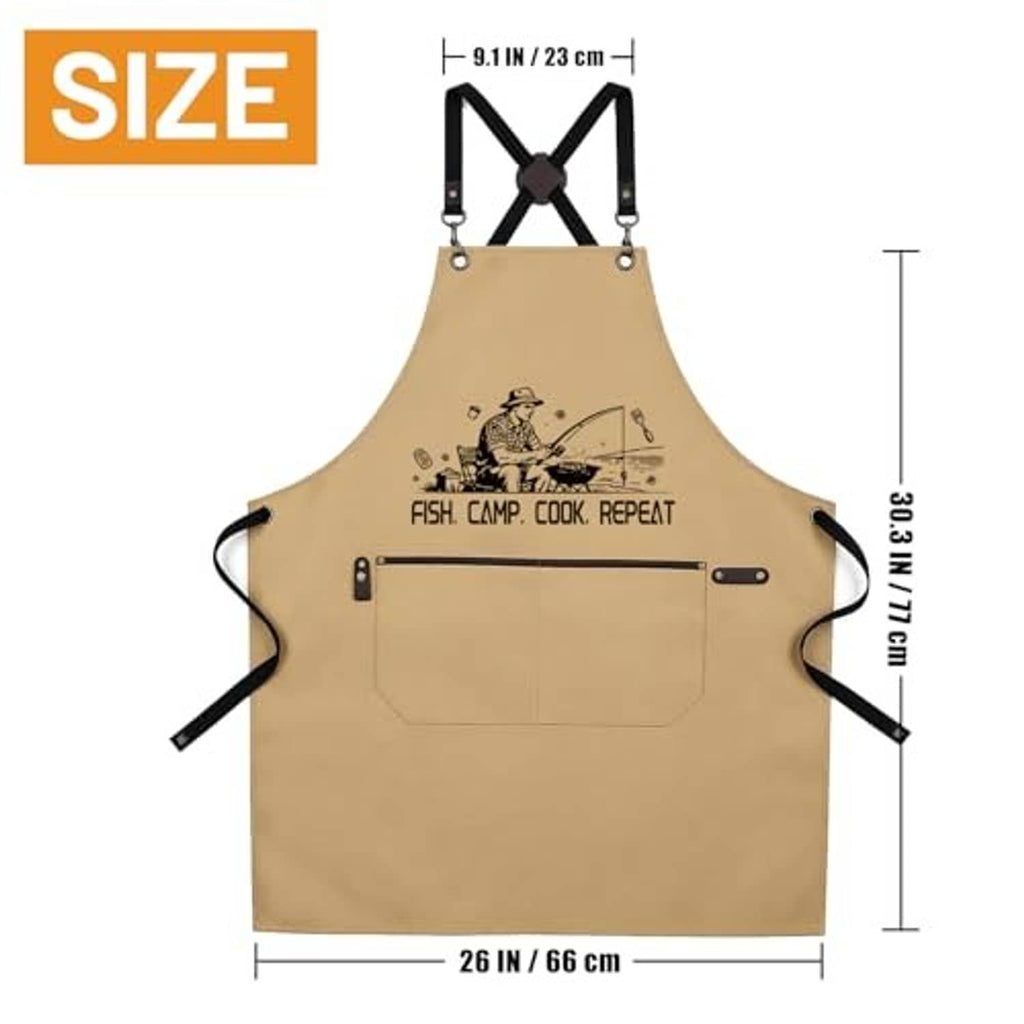 Khaki apron with crossback straps, chest pocket, and size dimensions on a diagram.