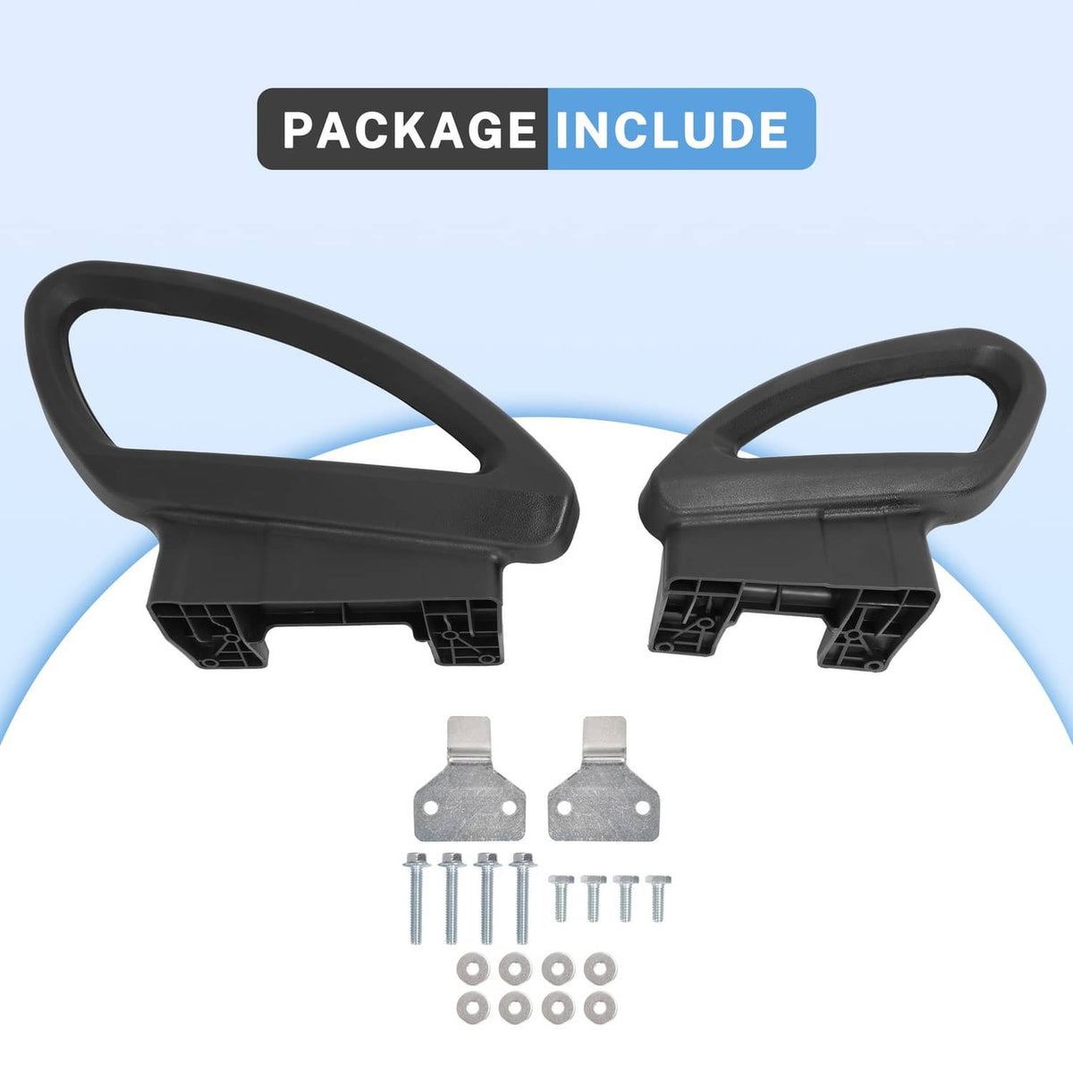Black hip restraint handles set with mounting brackets, screws, and washers
