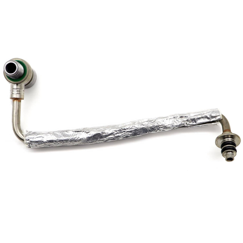 Turbo oil feed pipe tube with left threaded fitting and right stud, foil-wrapped center