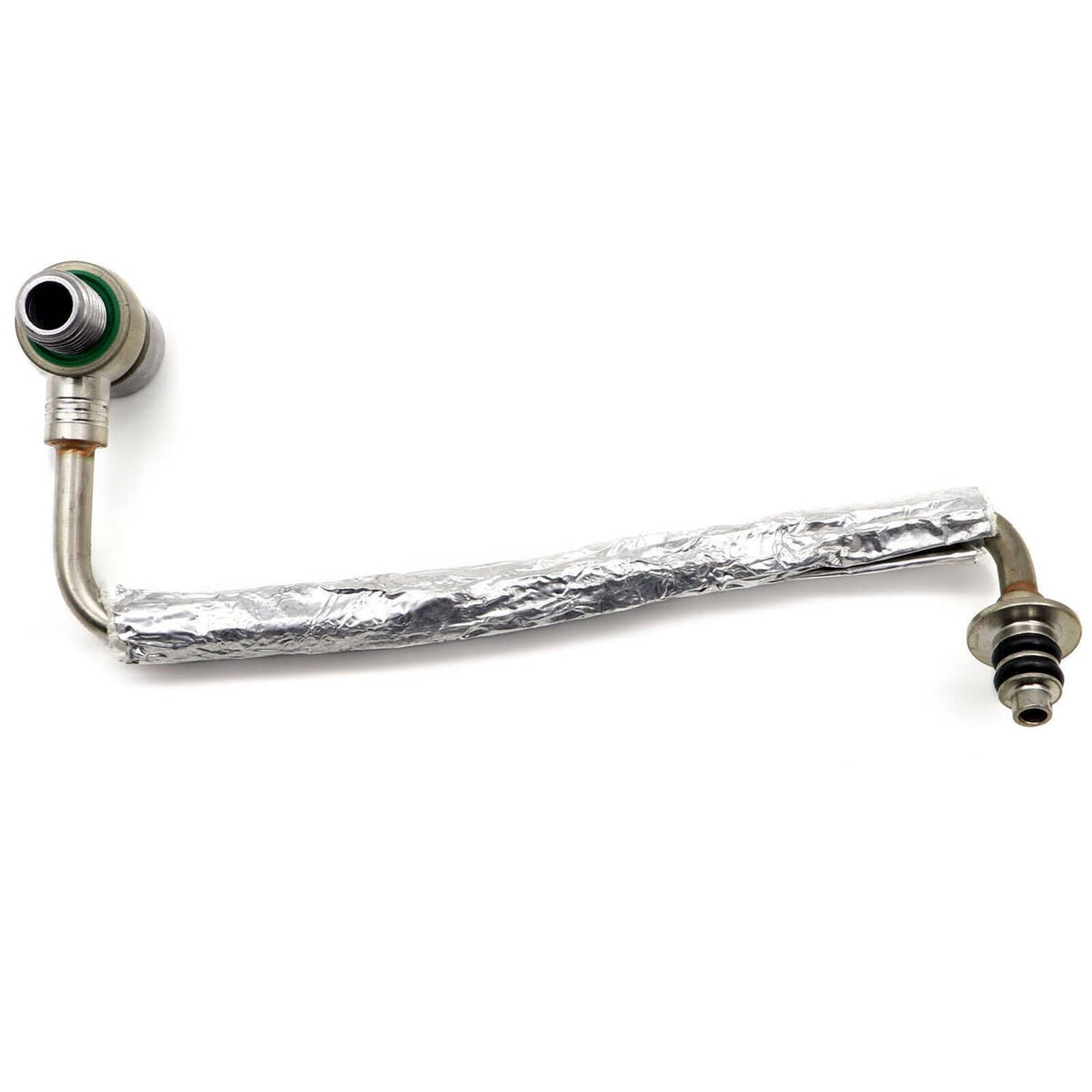 Turbo oil feed pipe tube with left threaded fitting and right stud, foil-wrapped center