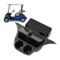 Carbon fiber-style golf cart dash compartment with two cup holders and black base