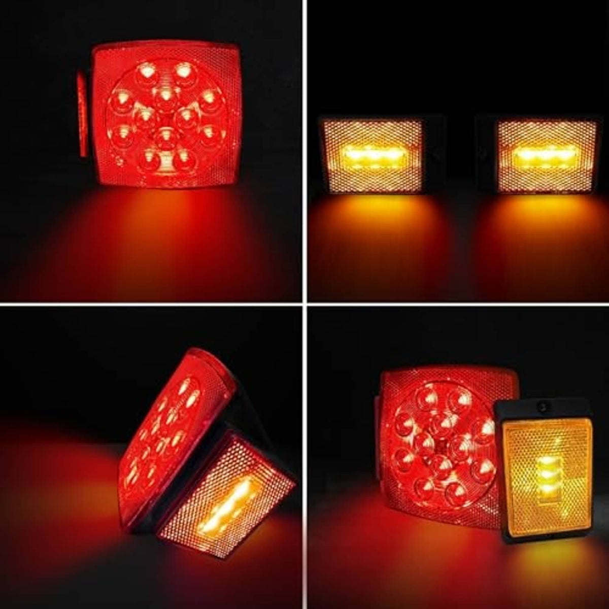 Pair of red and amber LED trailer marker lights glowing in multiple angles