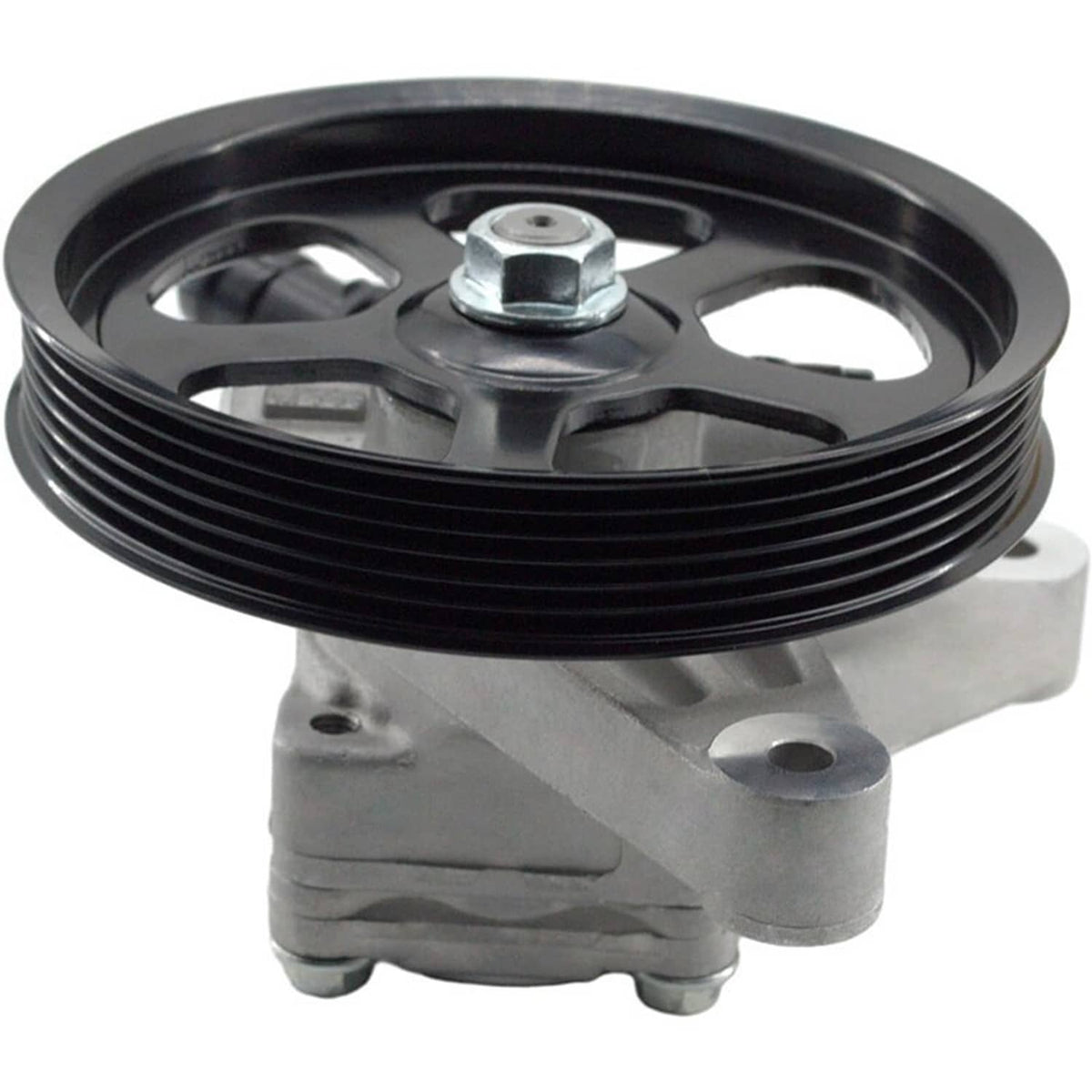Power steering pump with black pulley wheel and silver aluminum housing
