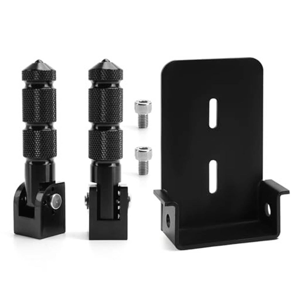 Black folding foot rest bracket with two textured pegs and two threaded bolts