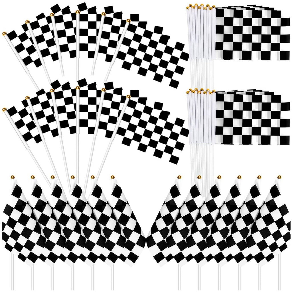 Race checkered flags on sticks, black-and-white with gold-tipped finials
