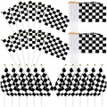 Race checkered flags on sticks, black-and-white with gold-tipped finials