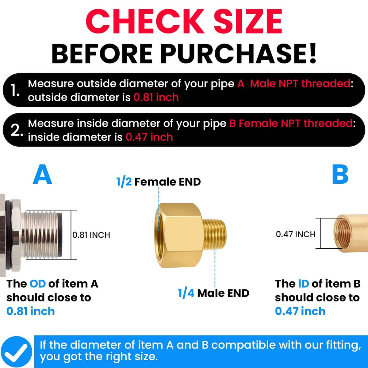 Brass pipe fitting size guide graphic with NPT male and female end measurements