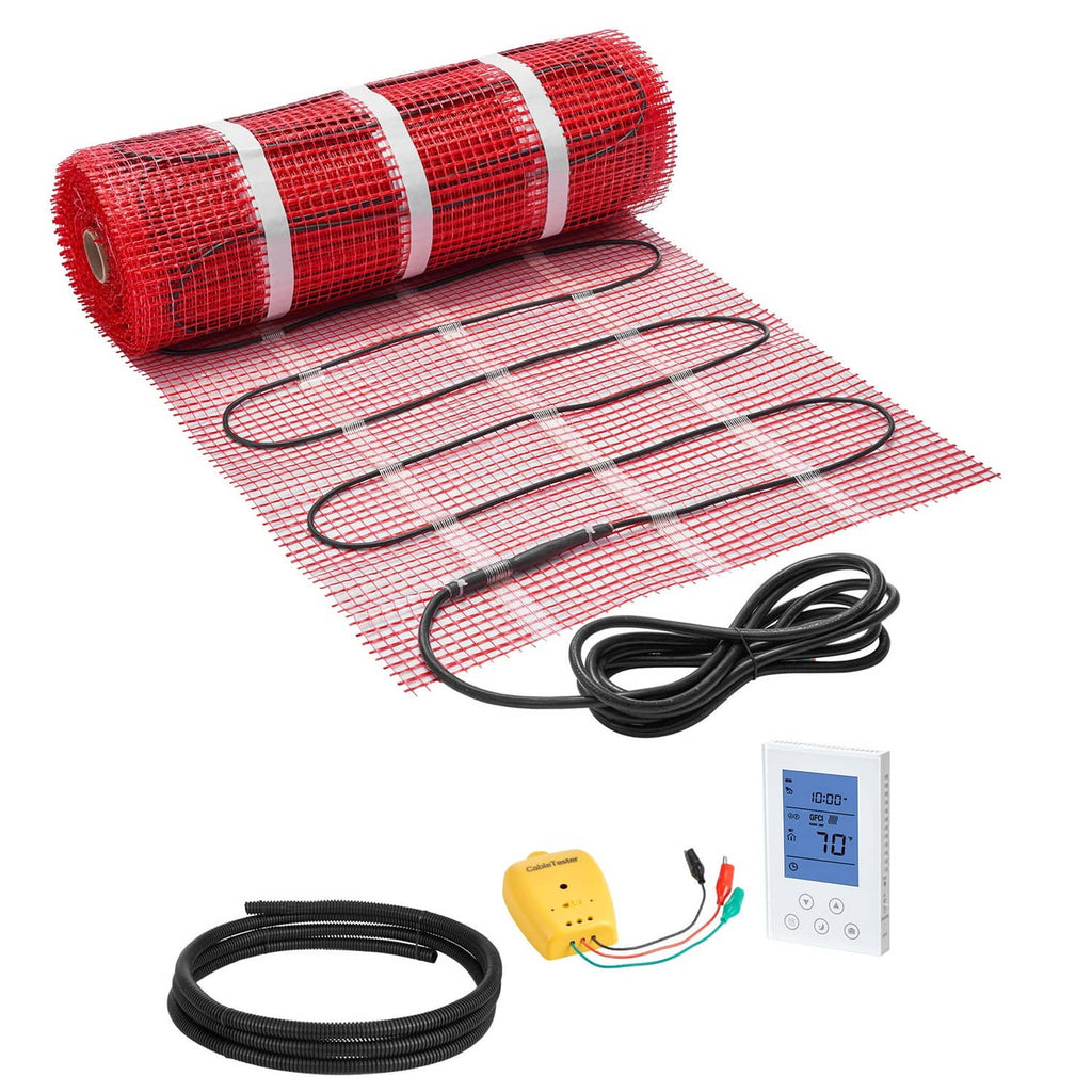 Red self-adhesive radiant floor heating mat roll with embedded heating wires and black cable