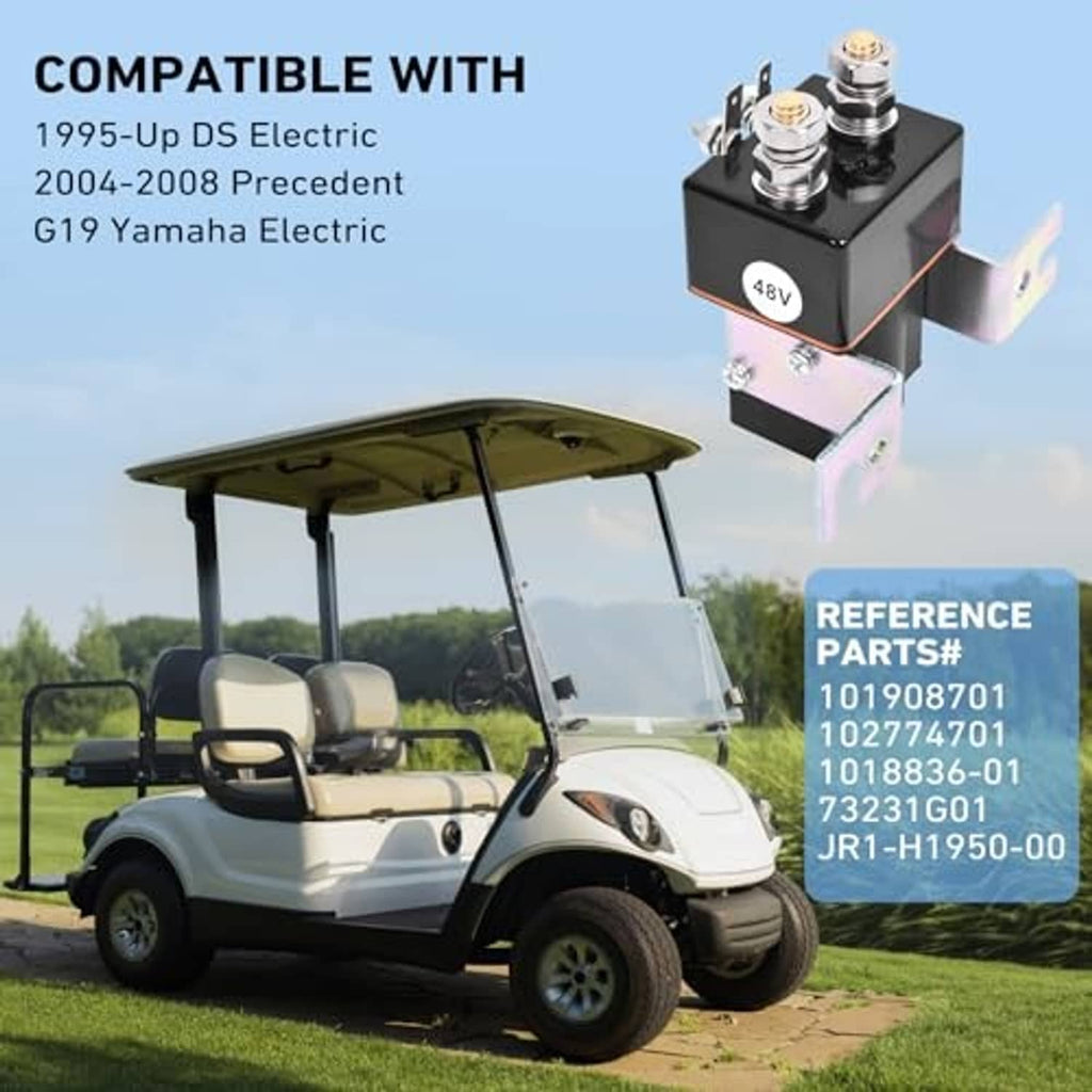 48V solenoid kit with mounting bracket and dual cable terminals, shown above golf cart