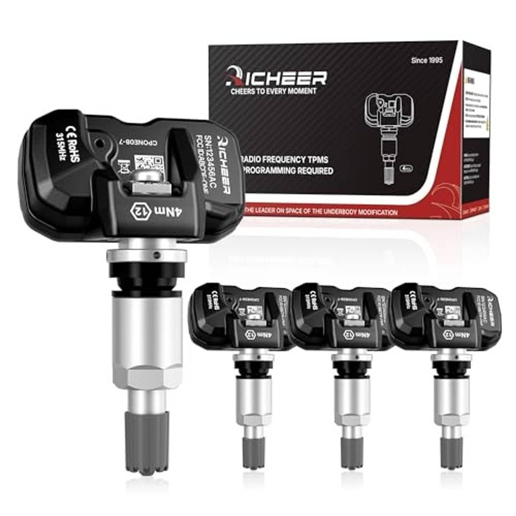 Set of TPMS sensors with black sensor heads, metal valve stems, and product box