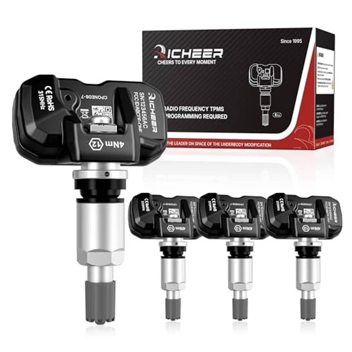 Set of TPMS sensors with black sensor heads, metal valve stems, and product box