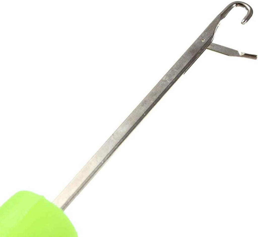 Latch hook crochet needle with green foam grip and curved silver latch hook