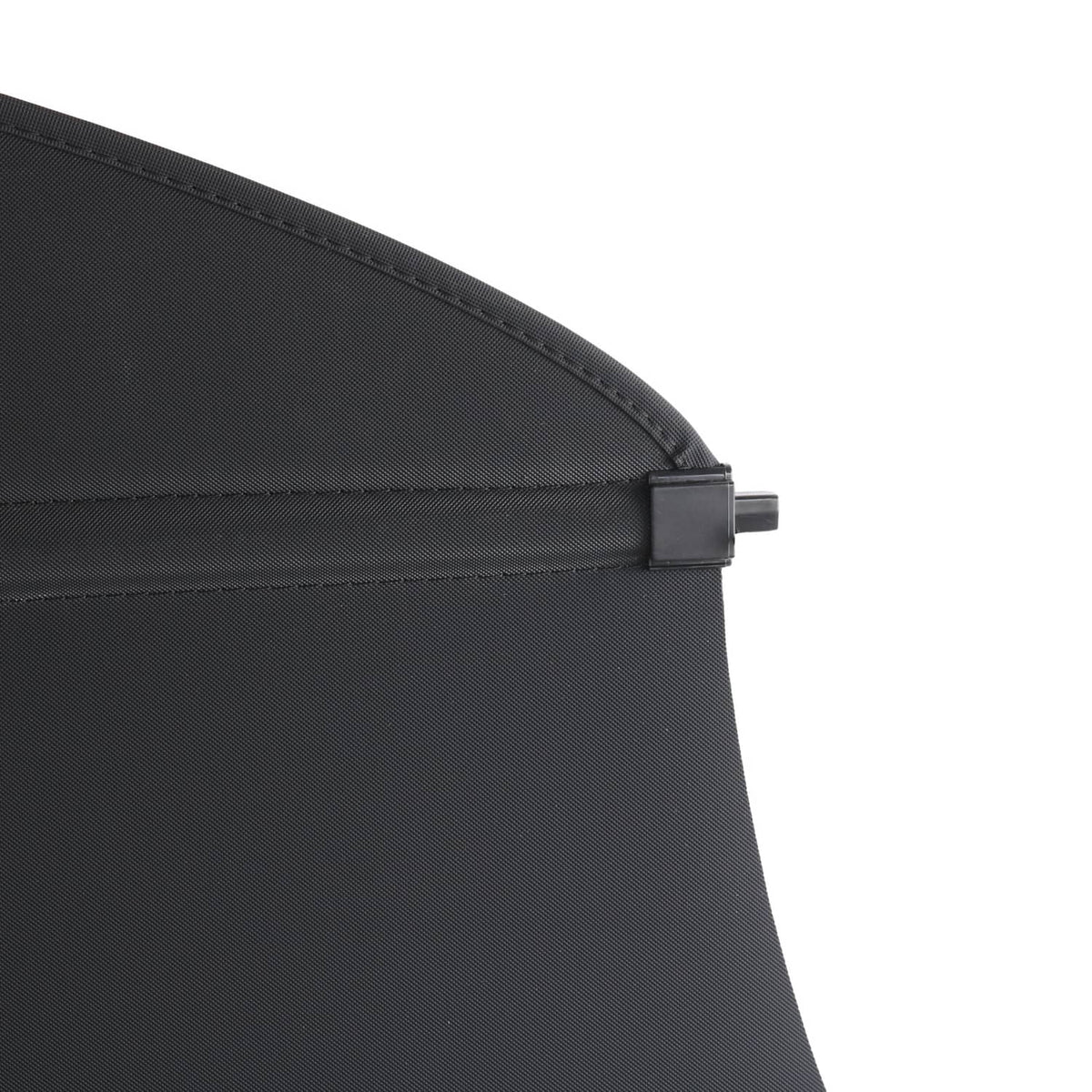 Cargo cover corner with seam and black edge tension clip