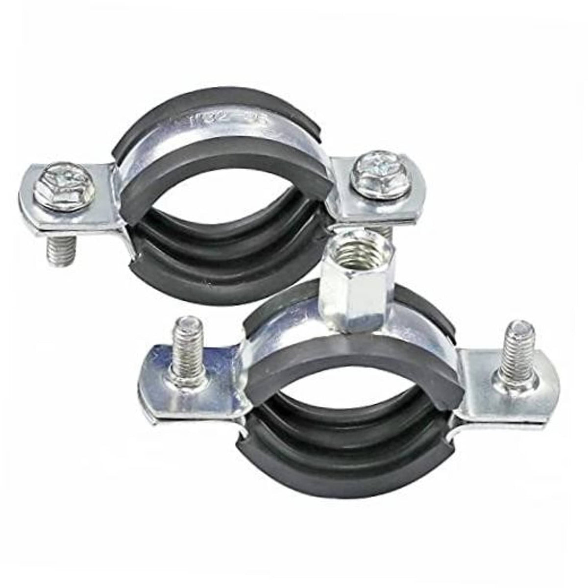 Split ring pipe hanger bracket set with black rubber inserts and zinc bolts for 1 in pipes
