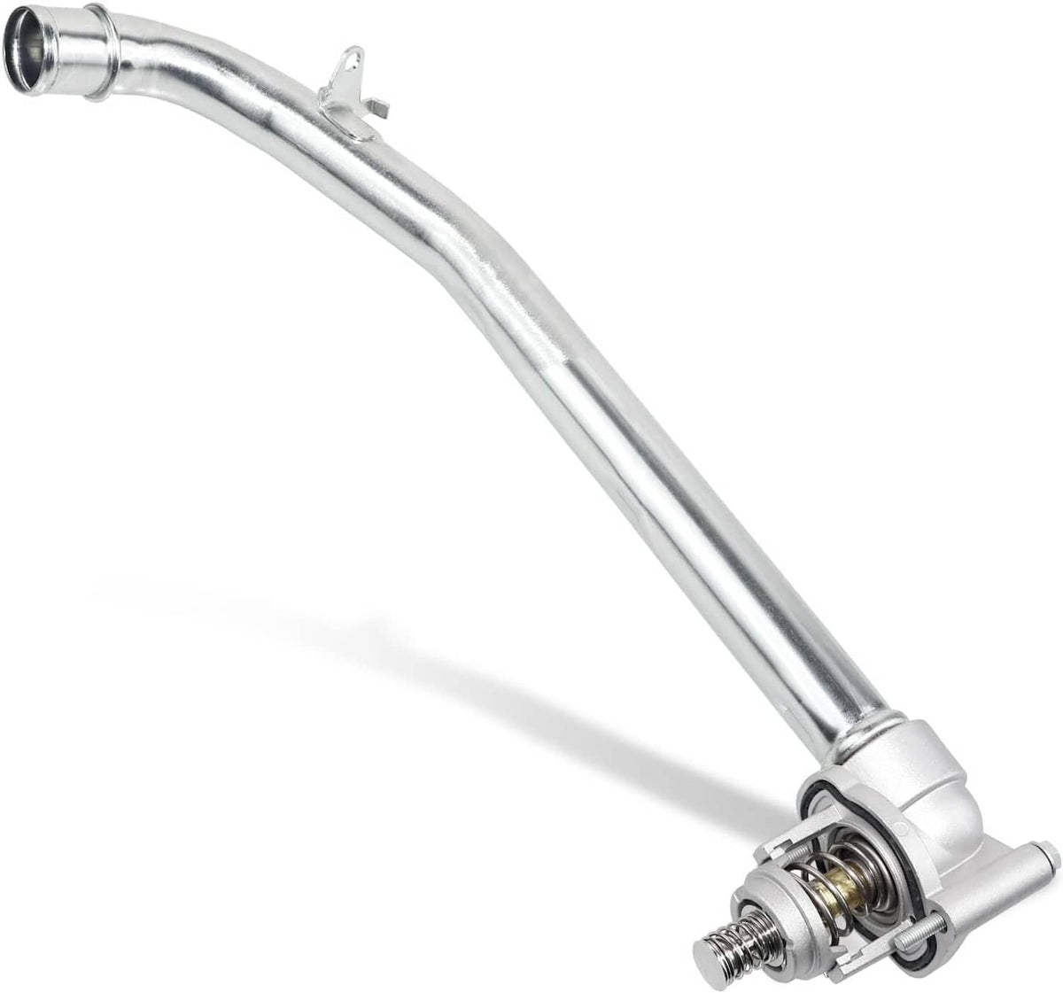 Thermostat housing assembly with curved metal coolant tube and mounting flange