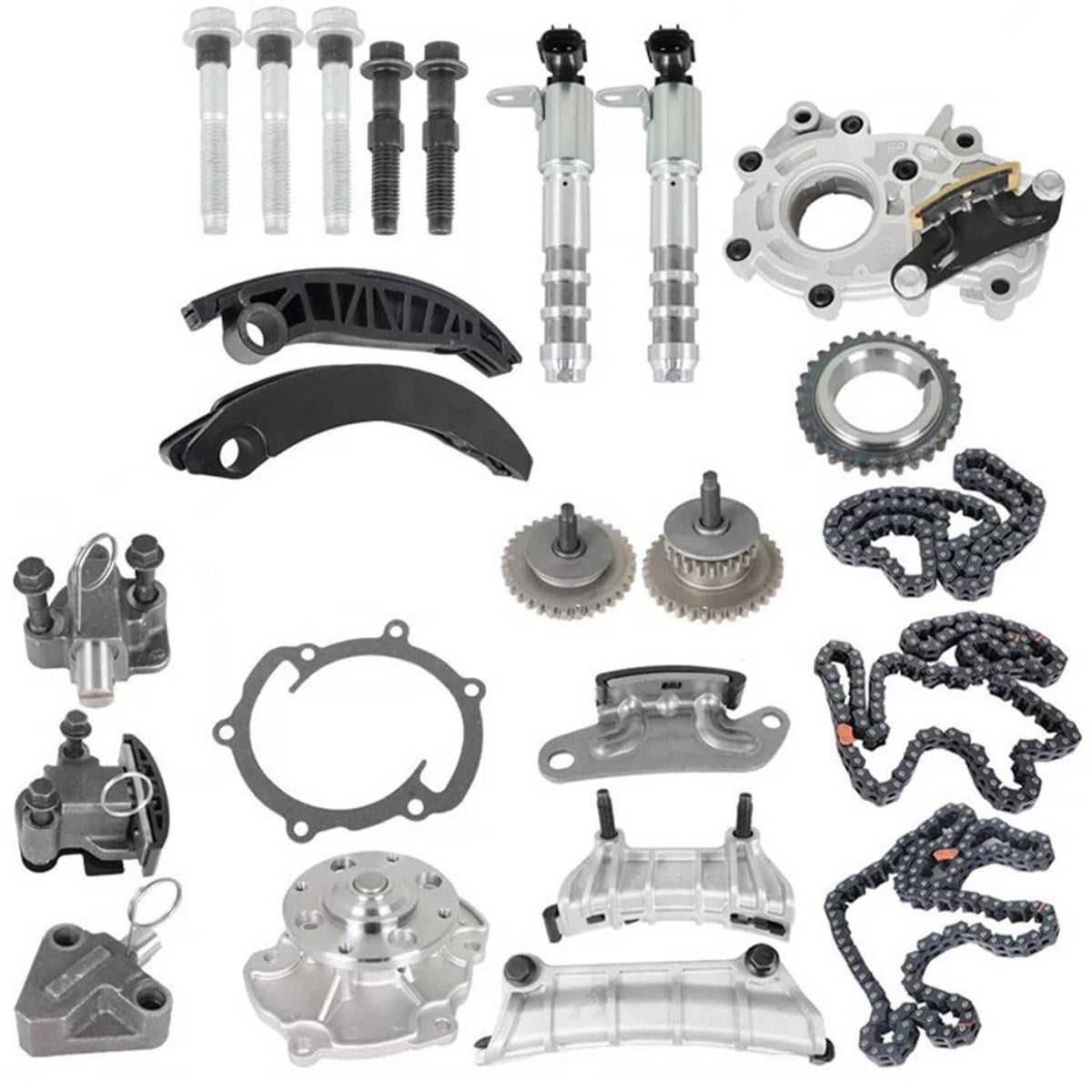 Timing chain kit components with chains, guides, sprockets, seals, and pumps