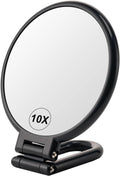 Black 10x magnifying handheld makeup mirror with foldable stand, round glass face