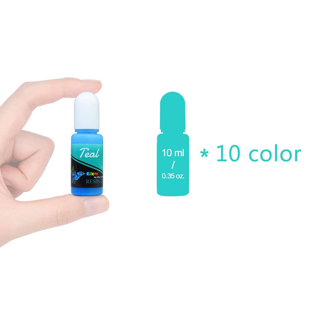 Teal glow-in-the-dark UV resin dye bottle, 10 ml, held by hand