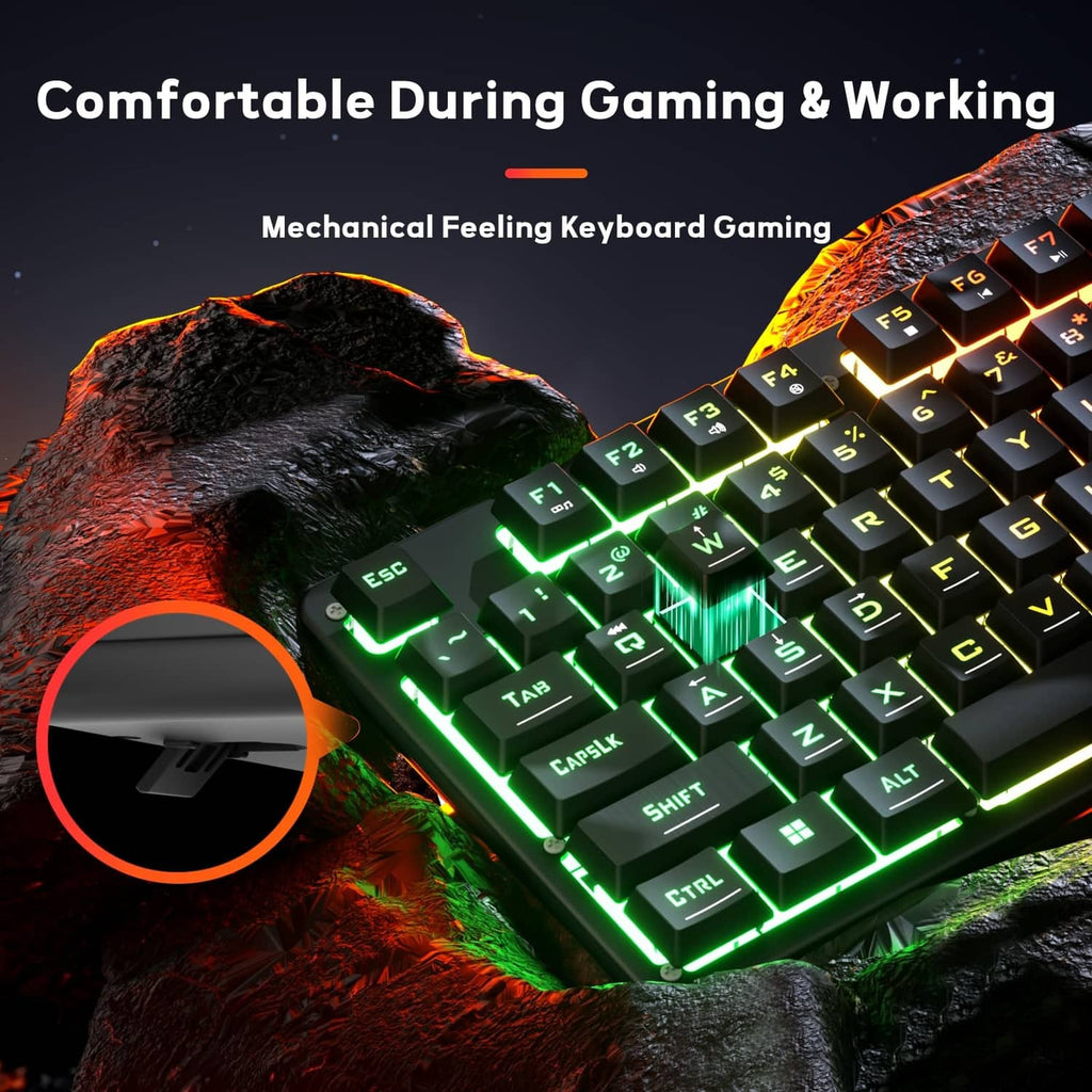 Black gaming keyboard with green-to-purple rainbow LED backlit keycaps