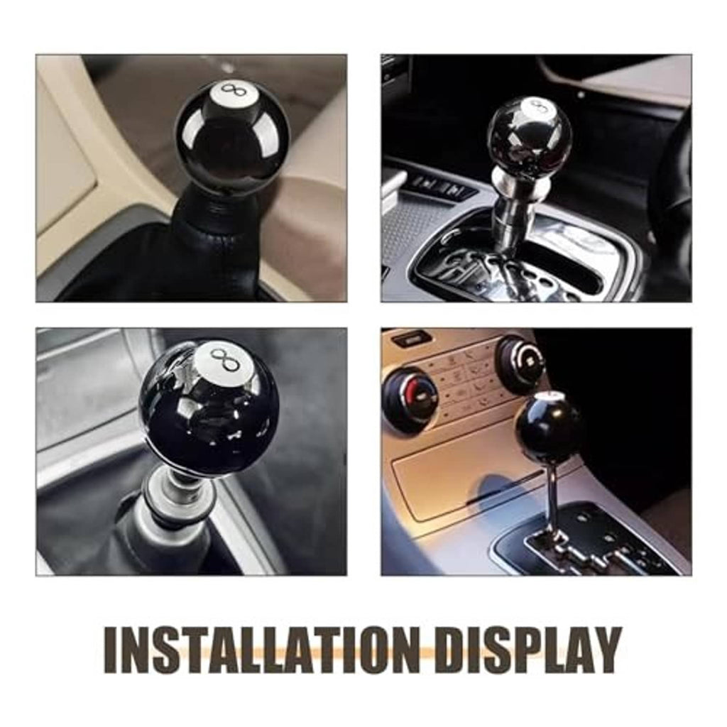 Black 8-ball gear shift knob shown in multiple car gear-shift positions