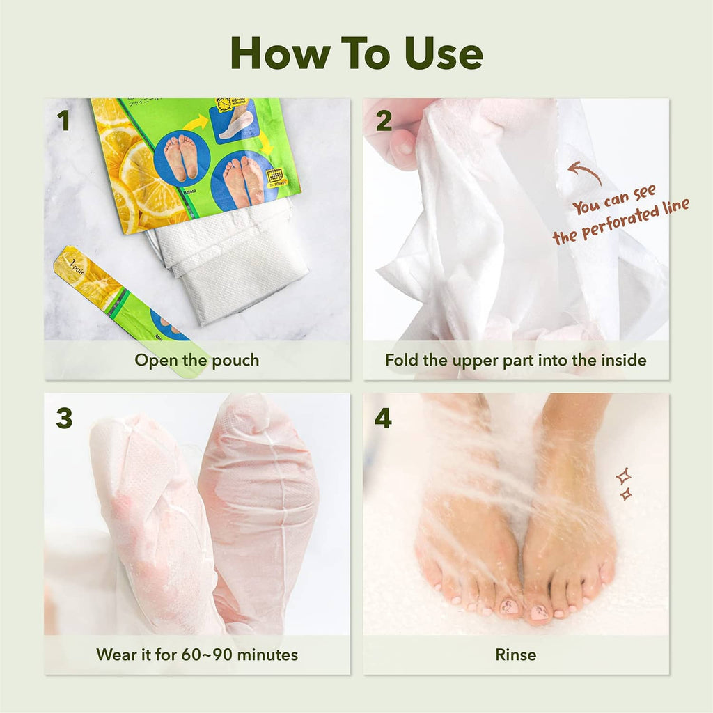 Foot peeling mask usage steps: open pouch, wear socks, wait, then rinse