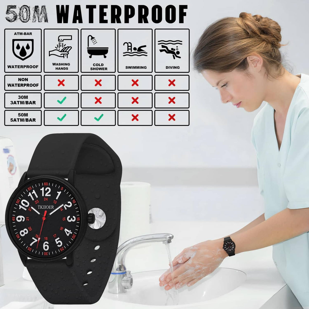 Black watch on silicone strap with waterproof icons and hand-washing scene