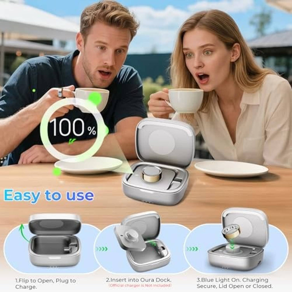 Gray Oura Ring charging case on desk with open lid and charging status light
