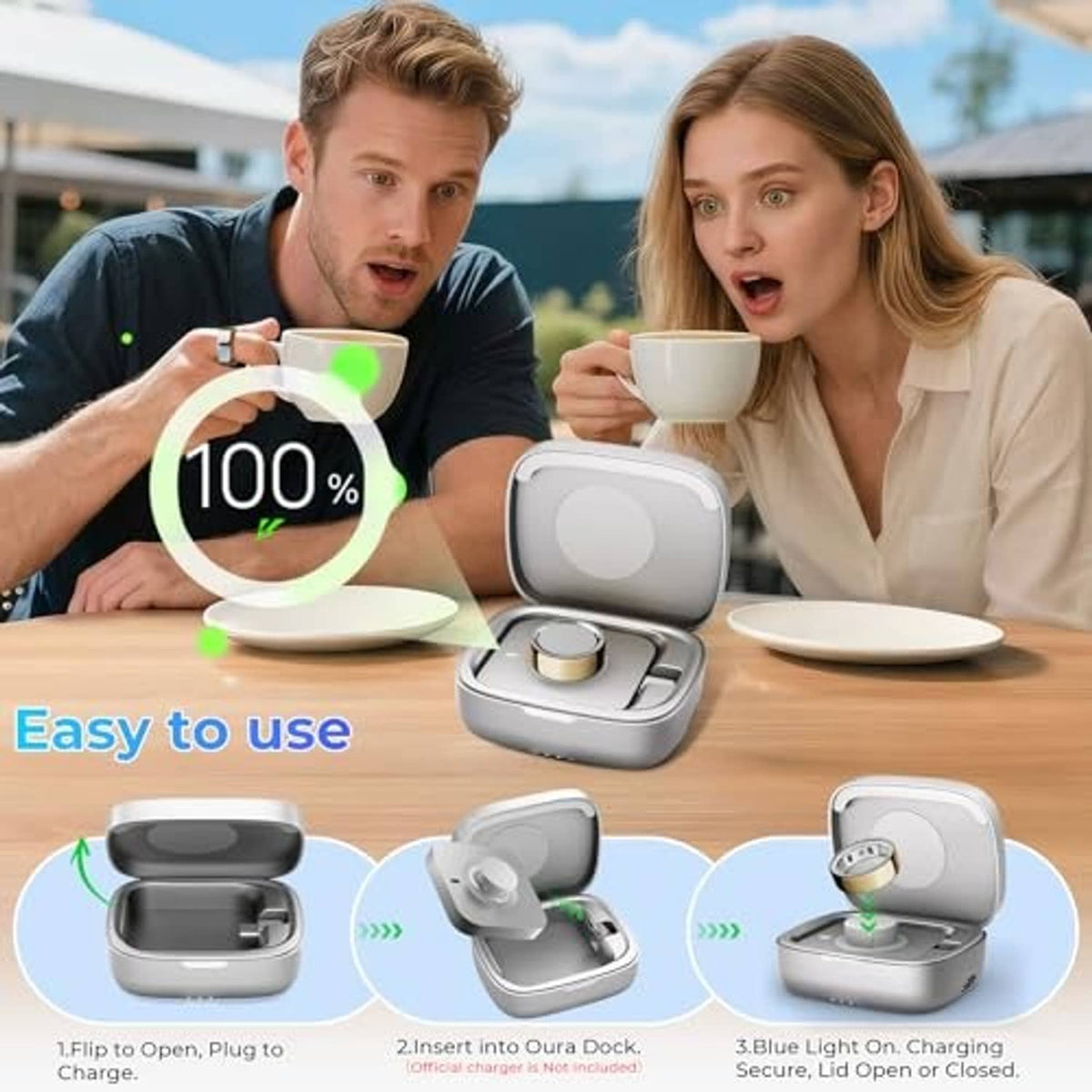 Gray Oura Ring charging case on desk with open lid and charging status light