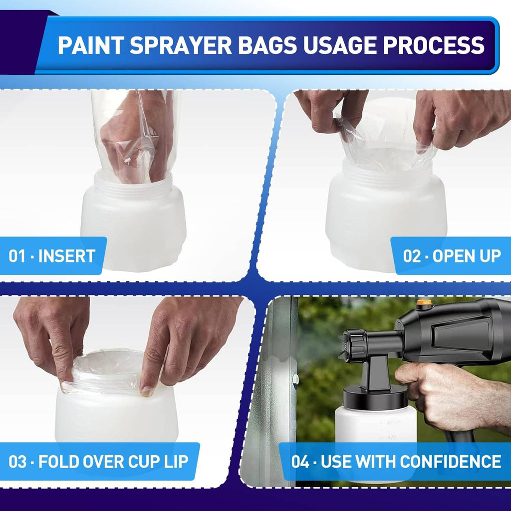 Clear paint sprayer bag liners, folded and inserted into a sprayer cup