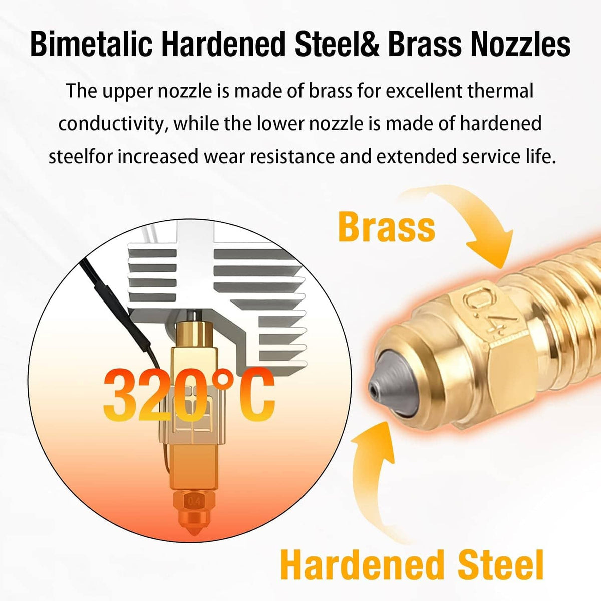 Brass and hardened steel nozzle set with 320°C compatibility graphic and hotend cross-section