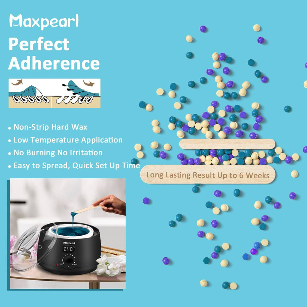 Non-strip hard wax beads scattered on a surface, with product cards