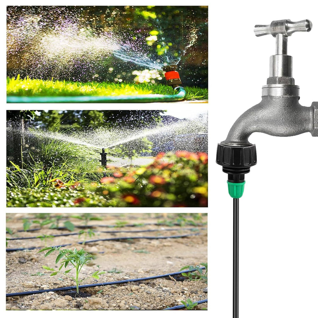 Metal hose adapter with black lock-barb connector and green insert, on a drip line