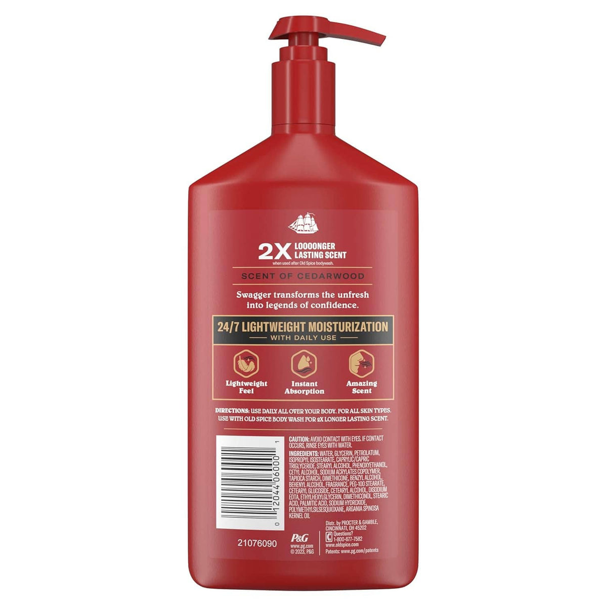 Red lotion bottle back panel with pump and Old Spice Swagger branding