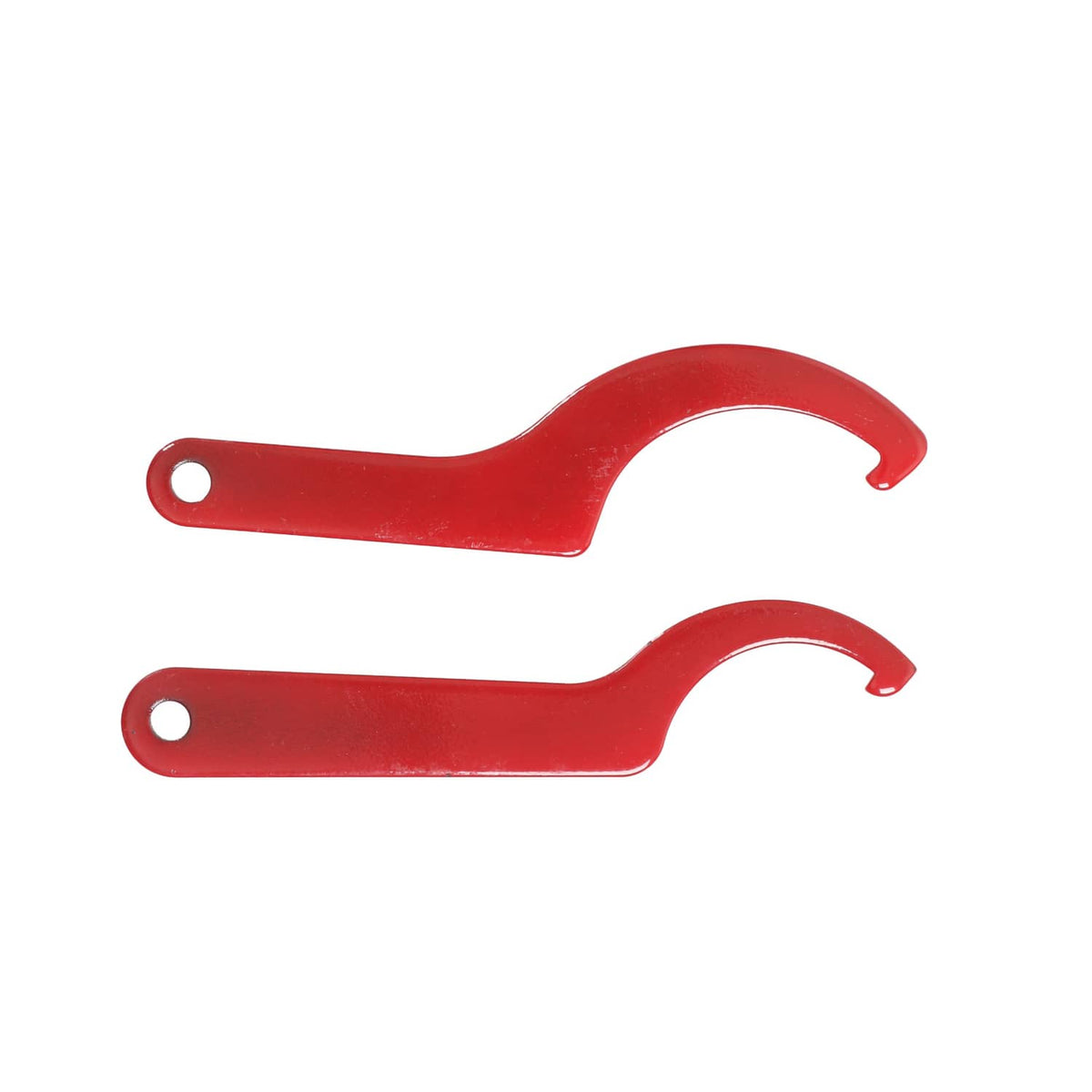 Pair of red installation tools with curved hooks and mounting holes