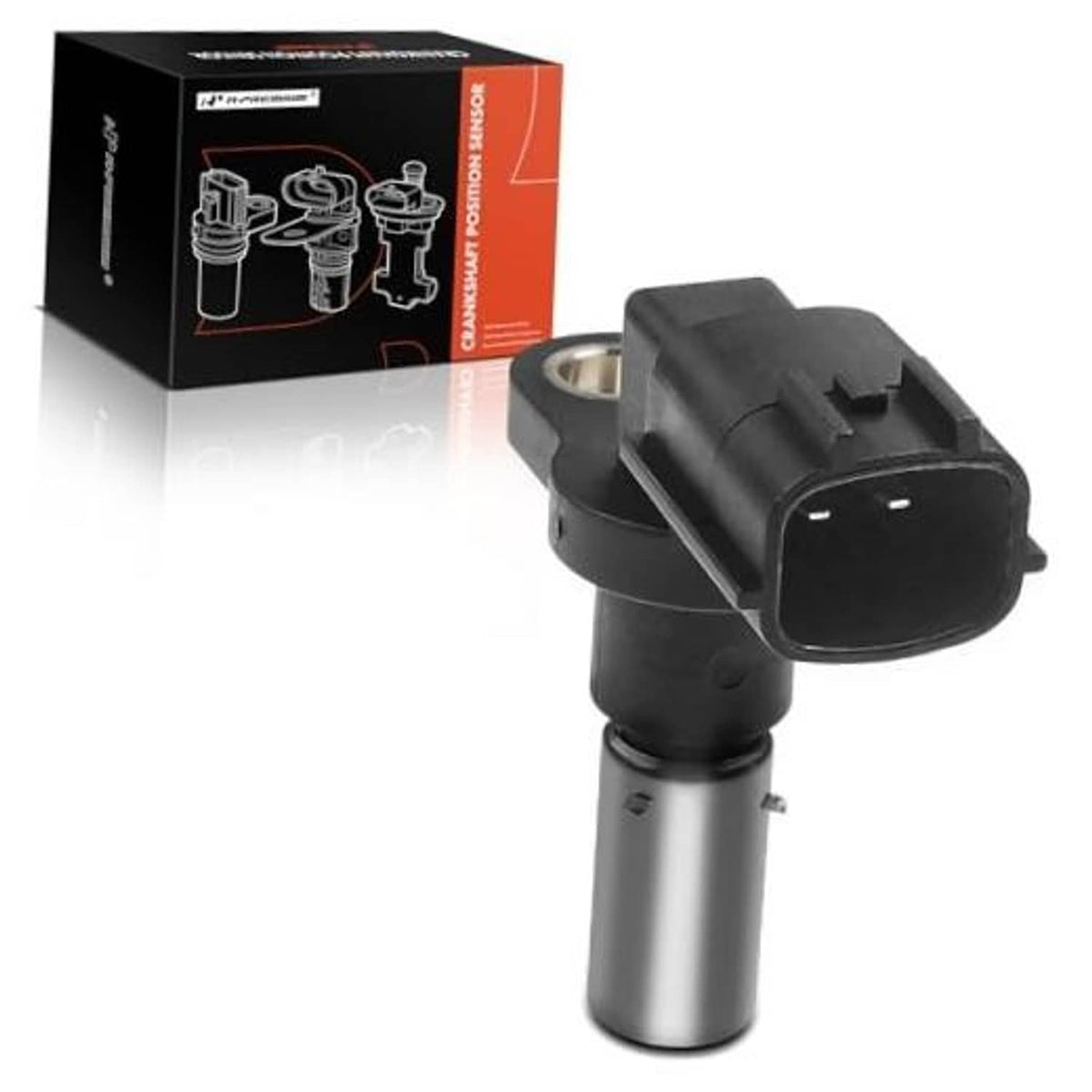 Crankshaft position sensor with black 2-pin connector and silver metal housing