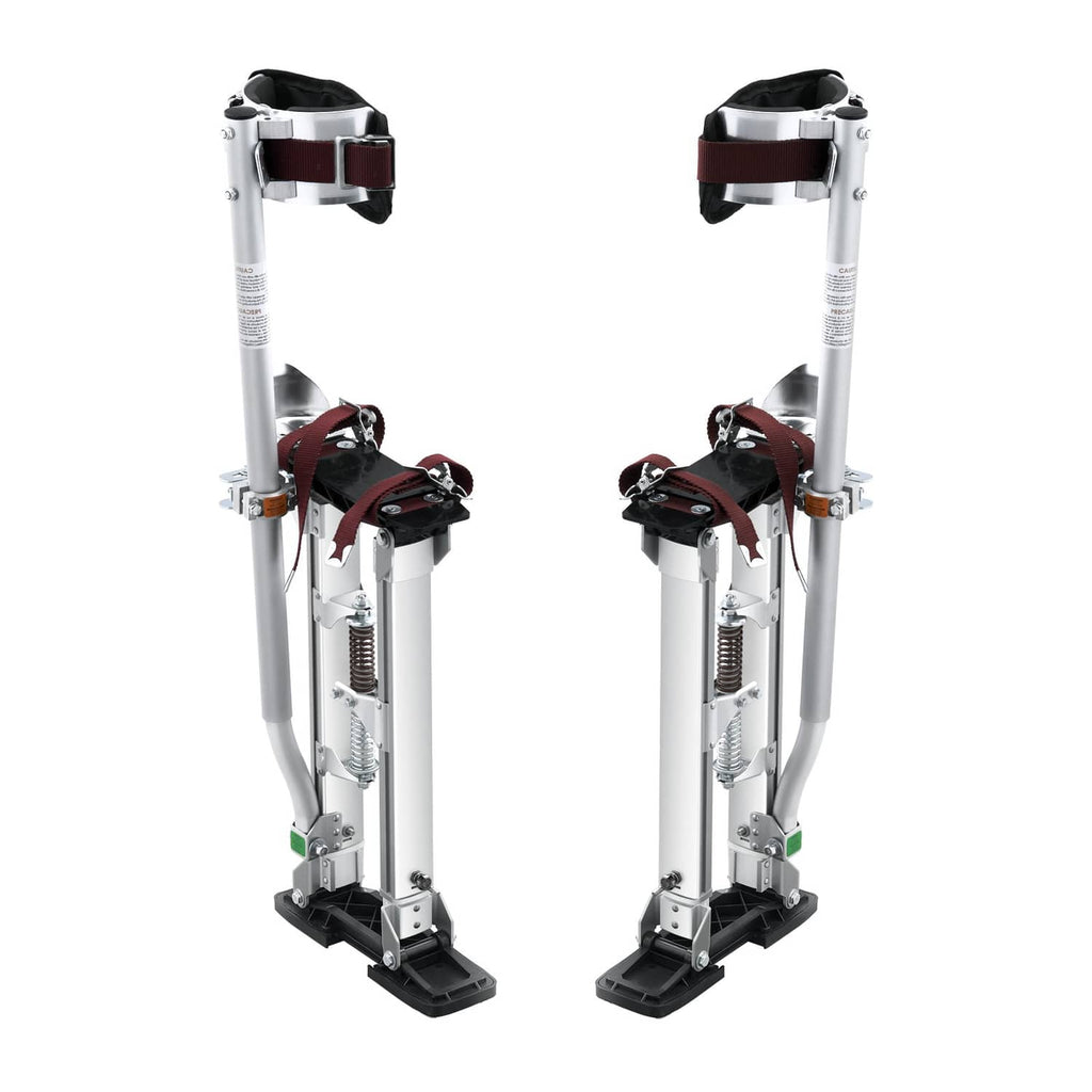 Adjustable drywall stilts with knee pads, silver frame legs, and black foot plates