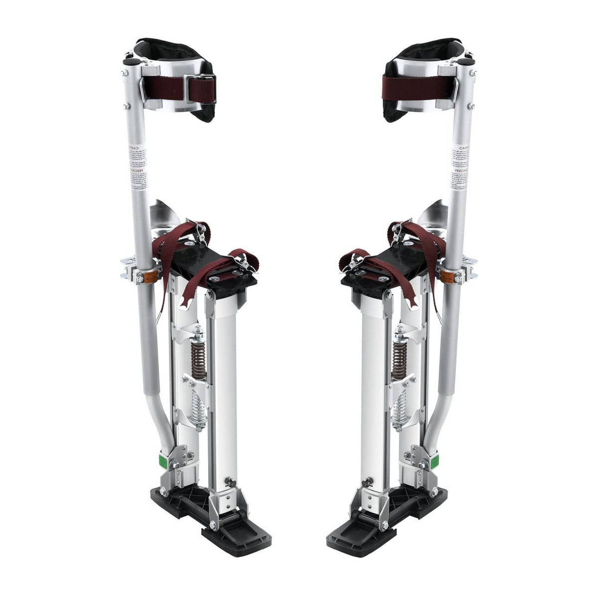 Adjustable drywall stilts with knee pads, silver frame legs, and black foot plates