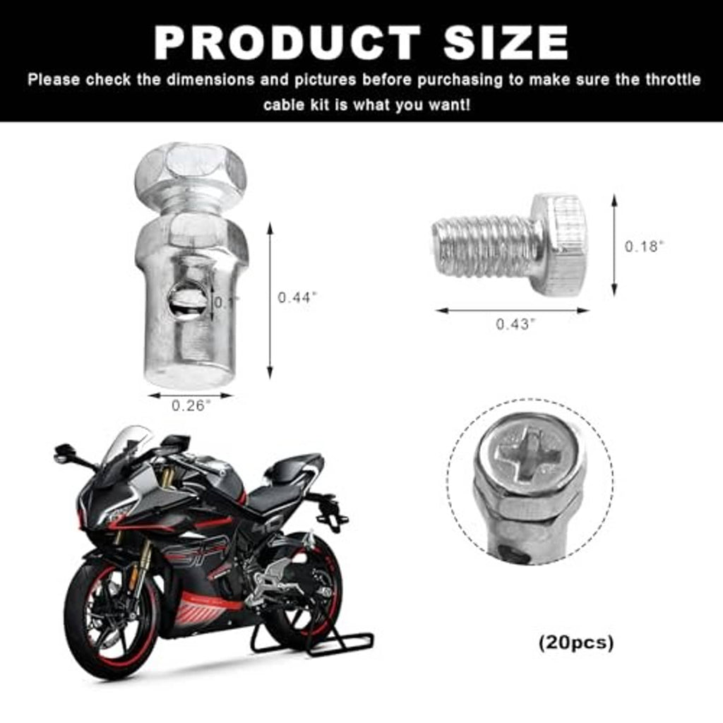 Stainless throttle brake cable end with clamp collar and threads, shown with size diagram