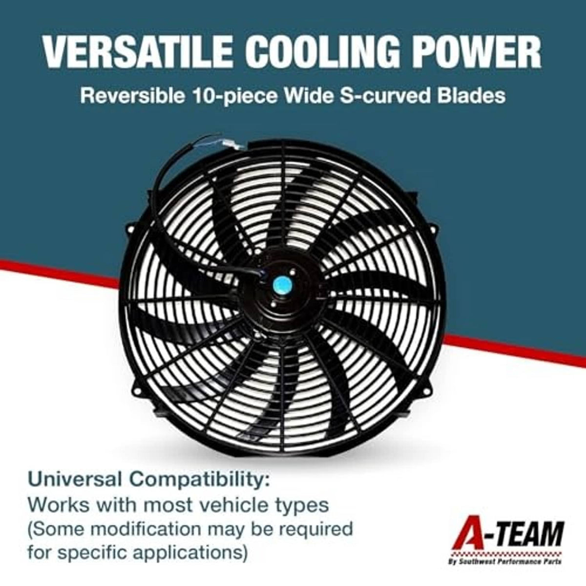 Black electric radiator cooling fan with reversible wide S-curved blade grille