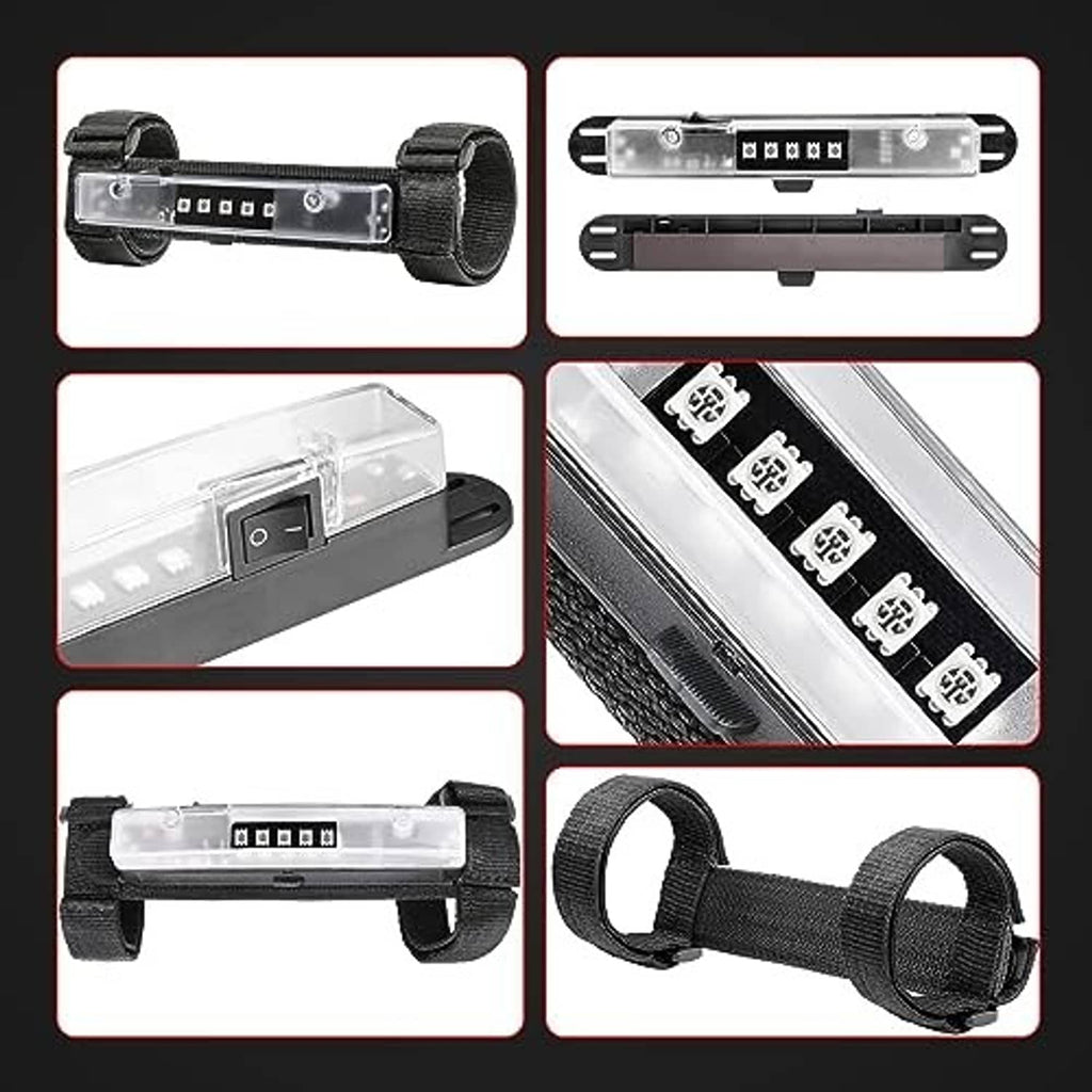 Clear-lens green LED light bar kit with black strap mounts and switch panel details