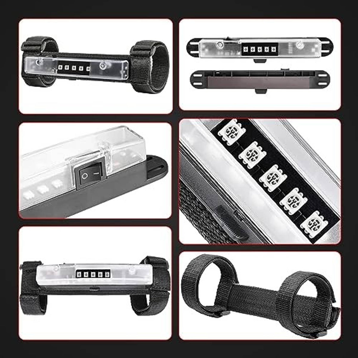 Clear-lens green LED light bar kit with black strap mounts and switch panel details