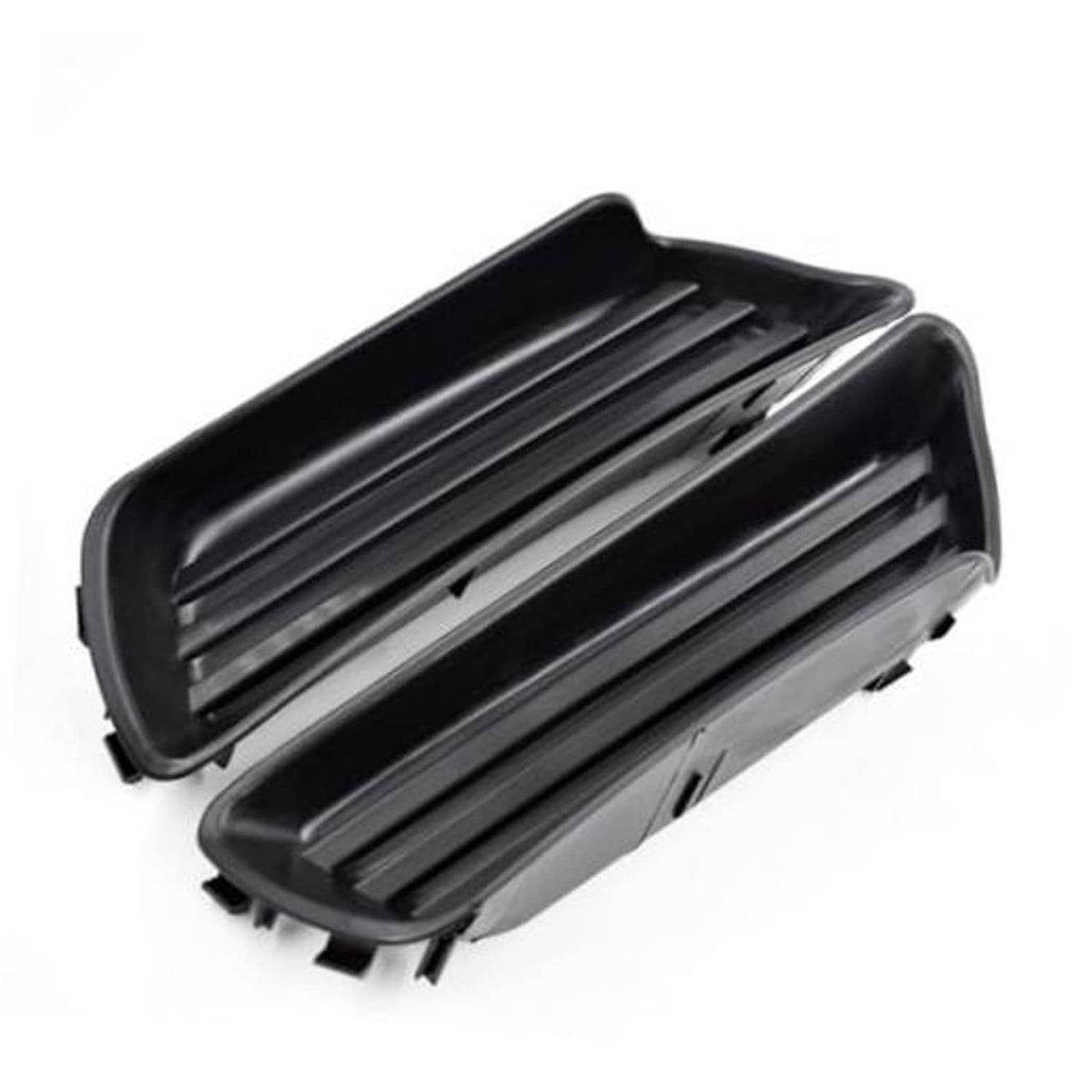 Pair of black fog light lamp covers with horizontal slats and mounting tabs
