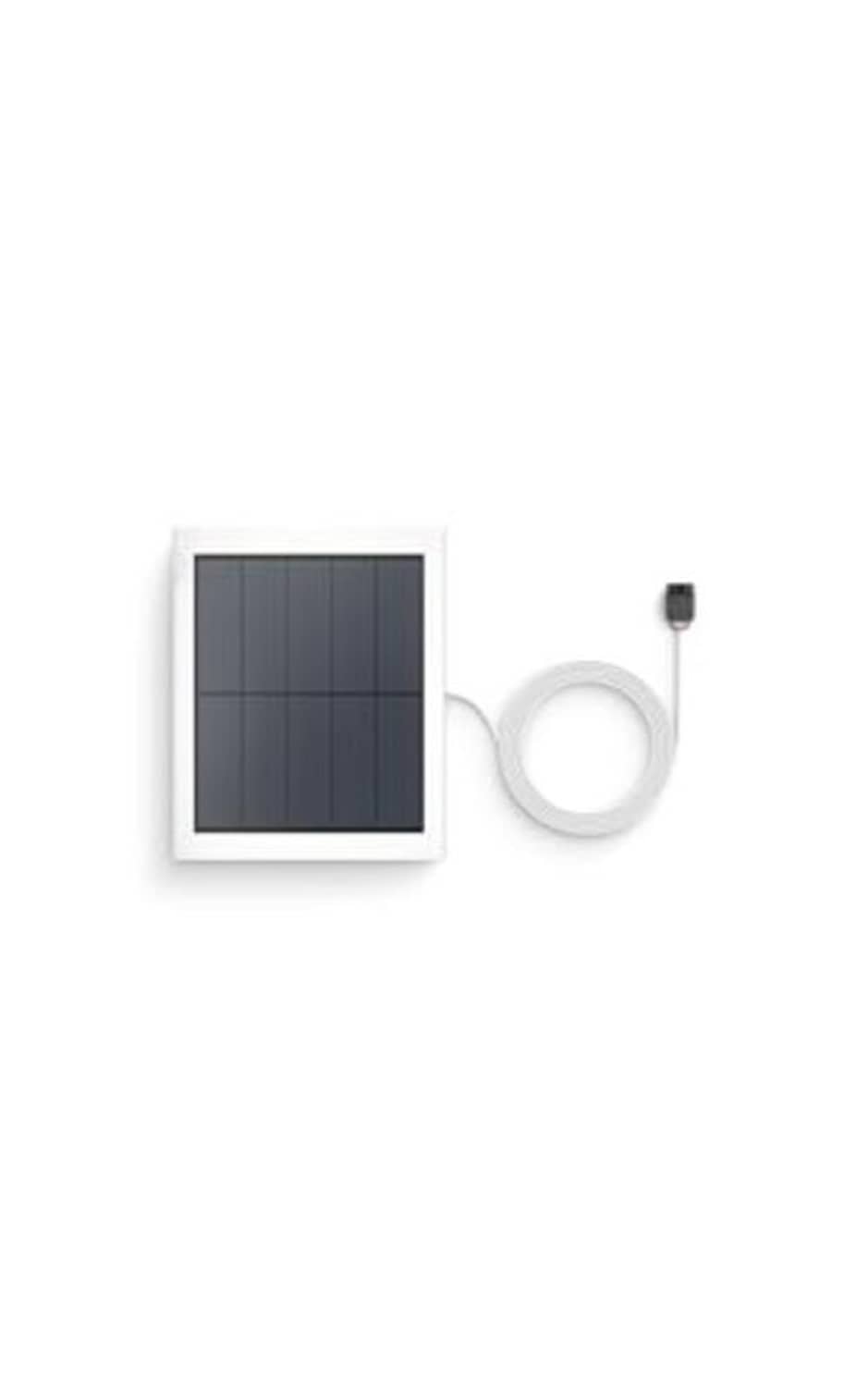 White square solar panel with dark cells and white cable with black connector