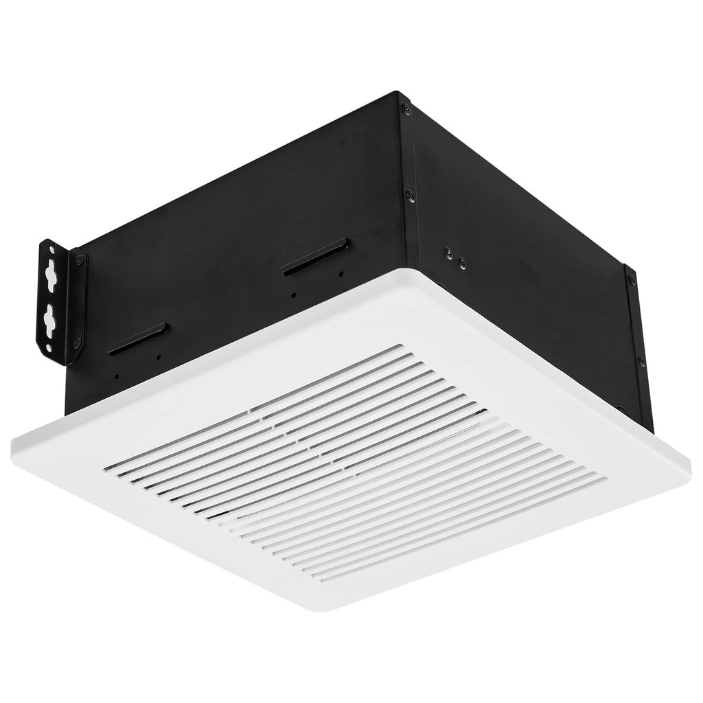 Bathroom ventilation fan with white grille and black mounting bracket arms, corner view