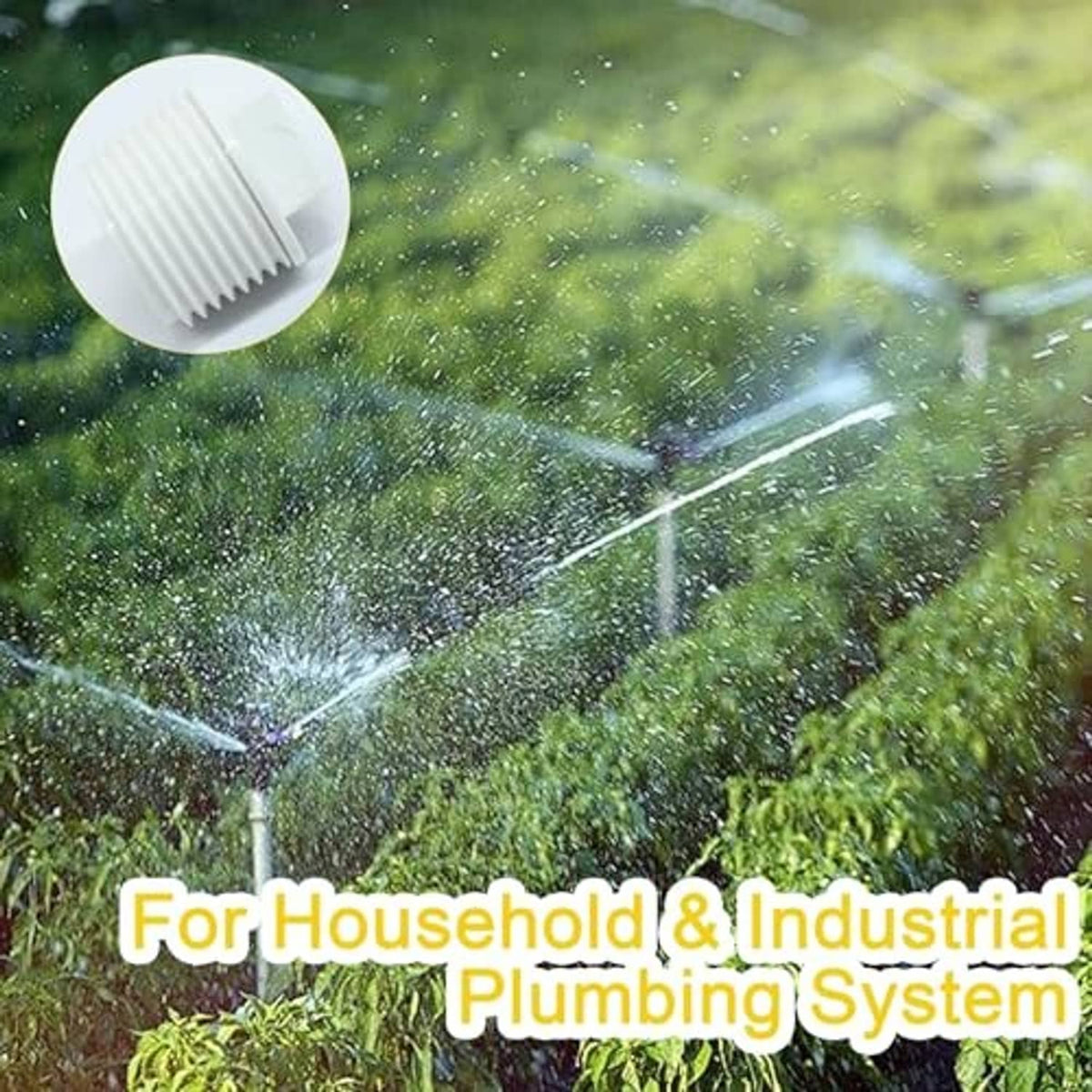 White PVC male threaded pipe end cap plug near water spray