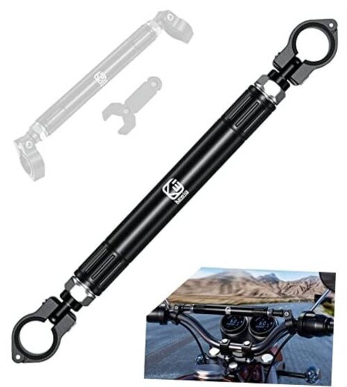 Motorcycle telescopic cross bar with two end eyelets for handlebar clamp mounting