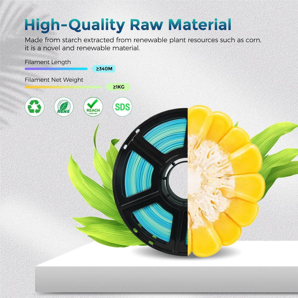 PLA filament spool partially shown with teal-blue gradient filament
