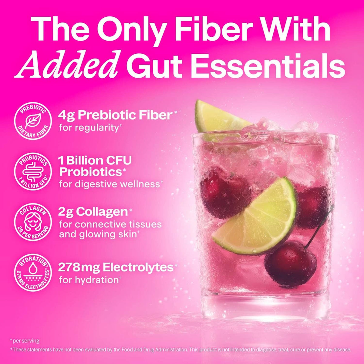 BelliWelli fiber with added gut essentials, shown with cherry-limeade drink jar.