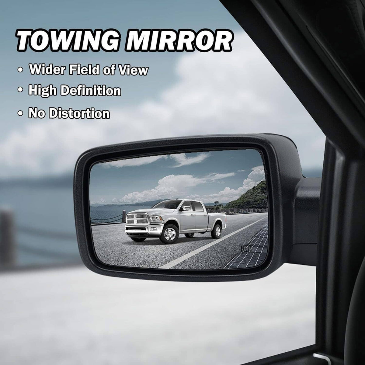 Black left side mirror with wide-view glass and built-in signal function